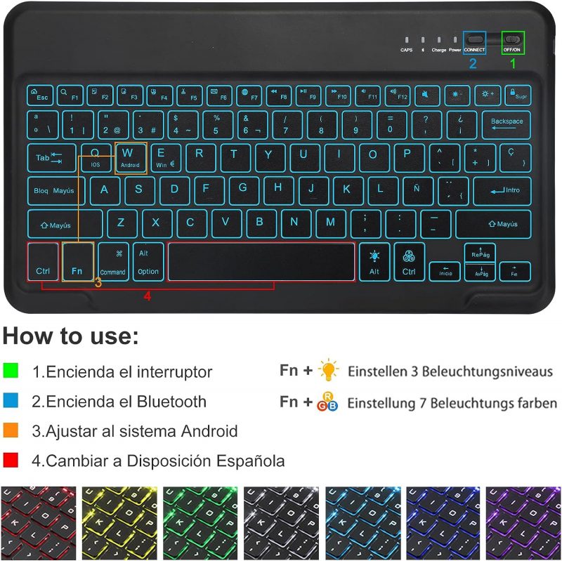 SENGBIRCH Tastatur-Schutzhülle für Samsung Galaxy Tab S8+S8 Plus 2022 /S7 FE 2021 /S7+ S7 Plus 12,4 Zoll 2020, Bluetooth-Tastatur 7 Farben, spanische Hintergrundbeleuchtung, mit PU-Folio-Abdeckung ,ng
