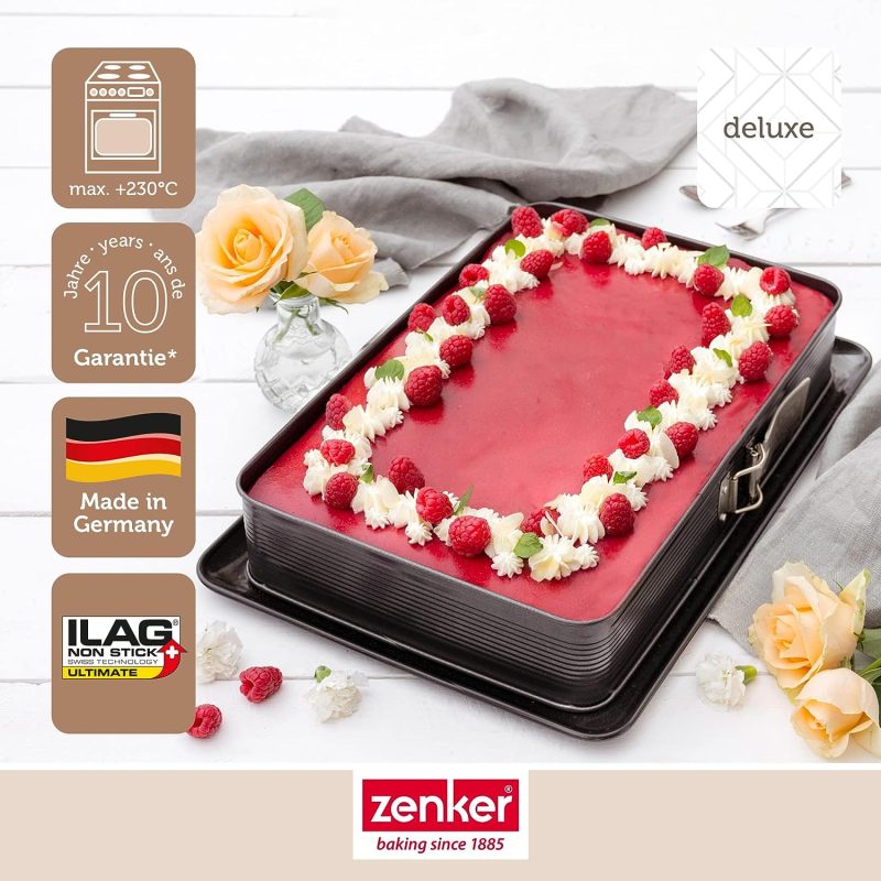 Zenker 7022 Rechteck-Springform DELUXE, eckige Premium-Backform mit emailliertem Boden und Auslaufschutz, Kuchenform mit Antihaftbeschichtung (Farbe: Schwarz metallic), Menge: 1 Stück