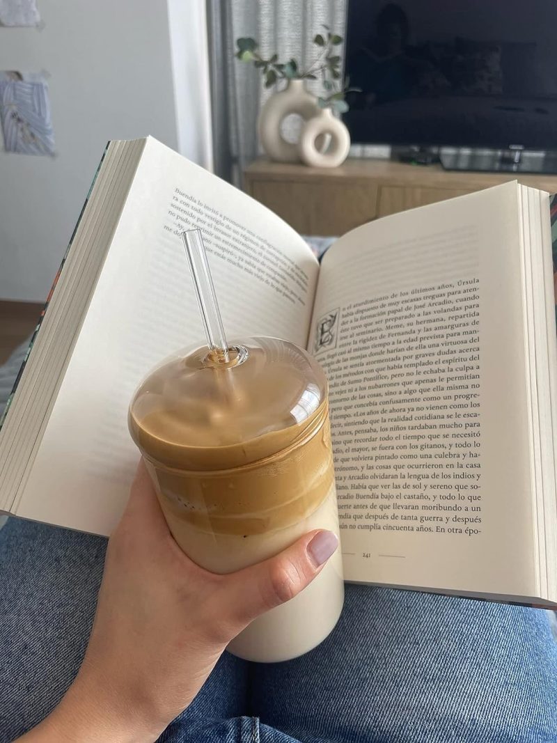 Cutfouwe Eiskaffee Gläser mit Glas Deckel und Glas Strohhalm 450 ML， Wiederverwendbar Becher，Transparent Trinkbecher für Kaltes Getränk,Clear