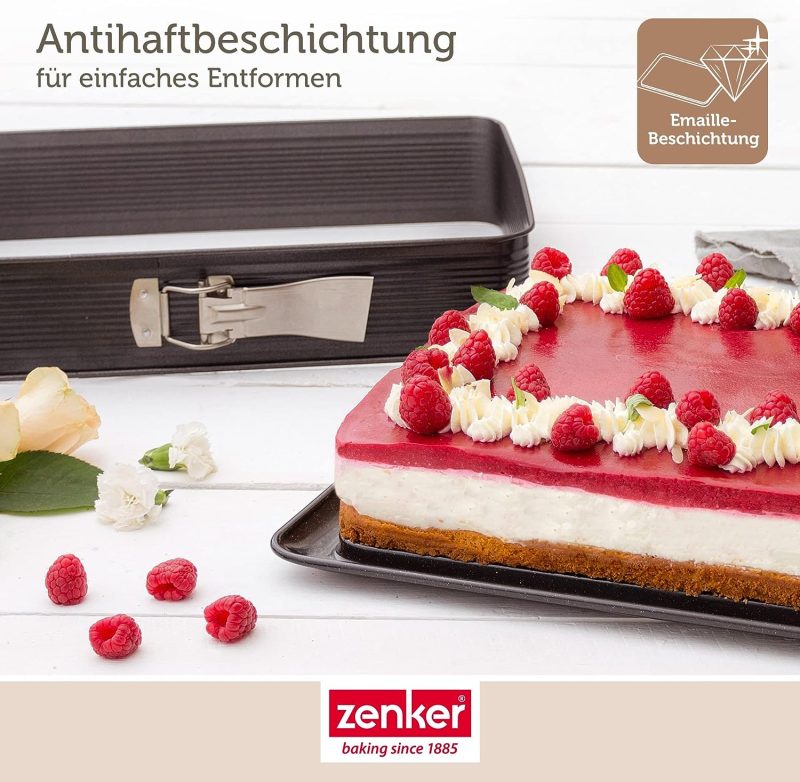 Zenker 7022 Rechteck-Springform DELUXE, eckige Premium-Backform mit emailliertem Boden und Auslaufschutz, Kuchenform mit Antihaftbeschichtung (Farbe: Schwarz metallic), Menge: 1 Stück