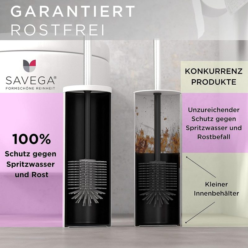 SAVEGA - Das Original - Edelstahl Silikon WC Bürste - Toilettenbürste aus Silikon mit blickdichtem Halter - Hochwertige Klobürste Silikon mit Spritzschutz - Antibakterieller Bürstenhalter - Weiß